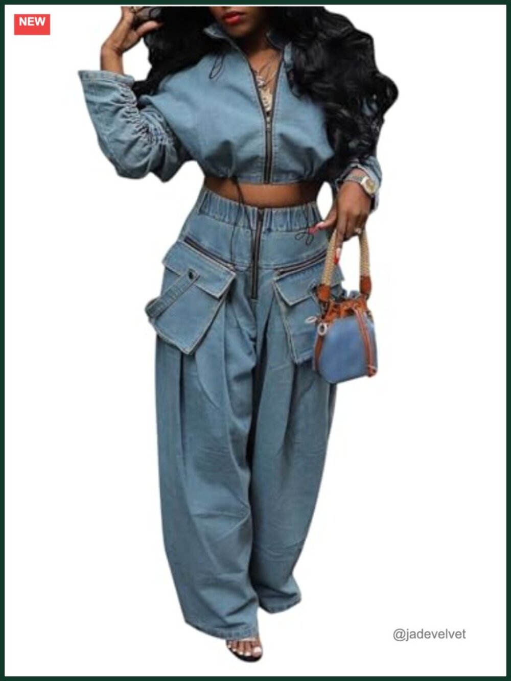 Women's Denim Two Piece Outfit - Cropped Jacket & Wide Leg Cargo Pants